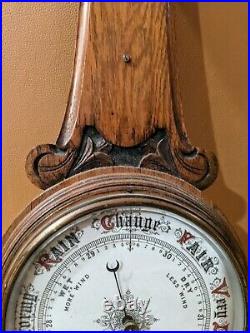 Lovely Antique English Carved Tiger Oak Wheel Banjo Wall Aneroid Barometer Mint