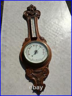 Magnificent Antique English Carved Oak Banjo Wall Aneroid Barometer Thermometer