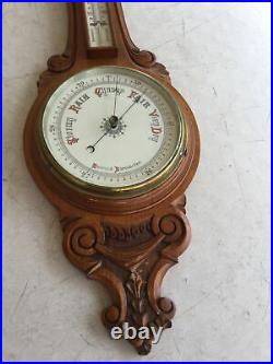 Magnificent Antique English Carved Oak Banjo Wall Aneroid Barometer Thermometer