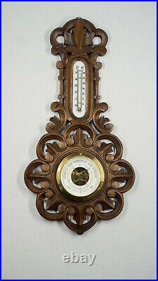Masonic genuine antique weather station, barometer, carved wood