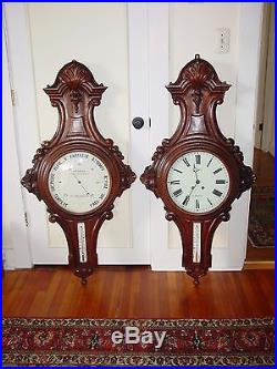 Monumental pair antique carved French wall clock and barometer-15411