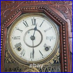 NICE 1880-85 E. N. Welch Carved Parlor Clock-8 Day Strike-Original Gilded Glass