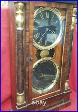 Nice 1911 New Haven Black Double Dial Calendar Clock With Painted Grain Finish