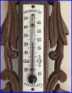 Numbered French Antique Carved Wood Aneroid Barometer & Thermometer Black Forest