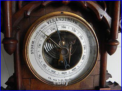 Old Antique Dutch Barometer Carved Black Forest Wood