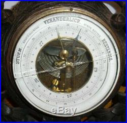 Old Black Forest Carved Wood Thermometer / Barometer 599 32 As Is