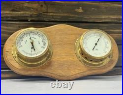 Old German Nautical Barometer Double Brass Viking Weather Gauge on Wood Panel