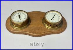 Old German Nautical Barometer Double Brass Viking Weather Gauge on Wood Panel