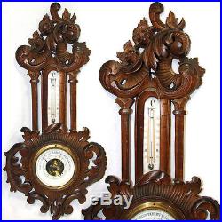 Ornate Antique French Carved Wood 19 Wall Barometer & Thermometer, Pristine