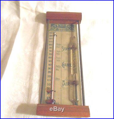 RARE ANTIQUE 1906 STANDARD BAROMETER & THERMOMETER WOOD & METAL FRAME