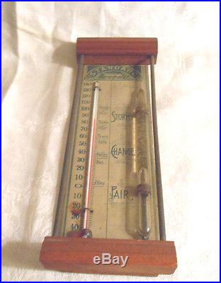 RARE ANTIQUE 1906 STANDARD BAROMETER & THERMOMETER WOOD & METAL FRAME