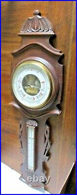 RARE Antique EAST LAKE Carved Oak Wall Aneroid Barometer Thermometer - GREAT