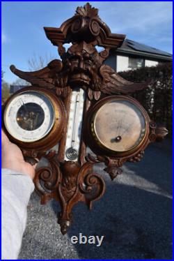 RAre antique french wood carved barometer Weather station mythological dragon