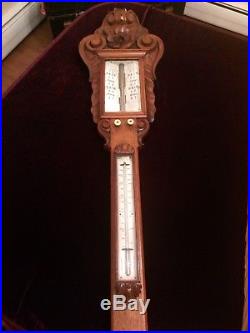 Rare Antique 1800's Barometer and Thermometer England Oak Wood Free Shipping