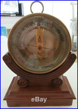 Rare Antique French Bourdon Barometer Brass Wood Base 1890 Instrument Weather