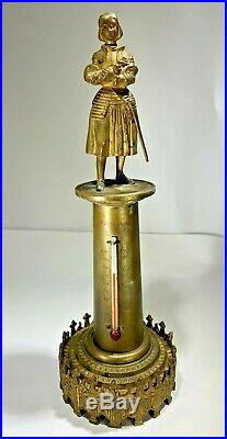 Rare Antique French Gilt Bronze Ornate Joan Of Arc Figural Tall Thermometer