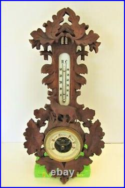 Rare Black Forest Hand carved Thermometer Barometer w Standing Deer + Hooded Top