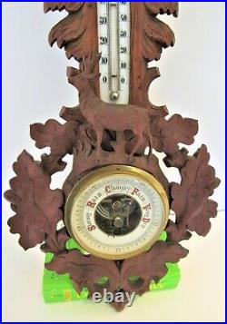 Rare Black Forest Hand carved Thermometer Barometer w Standing Deer + Hooded Top