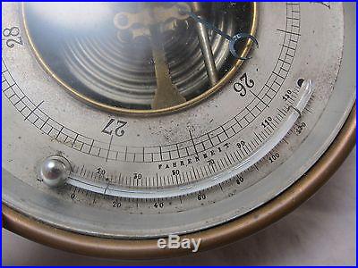 Rare Brass Antique M F Round Curved Glass Thermometer Aneroid Barometer