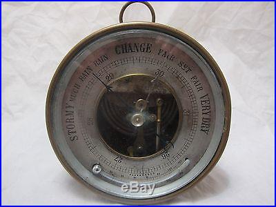 Rare Brass Antique M F Round Curved Glass Thermometer Aneroid Barometer