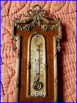Rare French Barometer Thermometer in walnut brass ornaments Louis XVI style