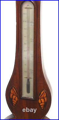 Rare Mahogany Shell Inlay Banjo Wheel Barometer Thermometer By Huntley London