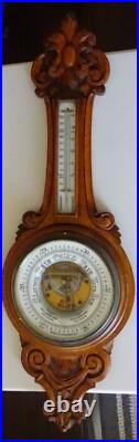 Rare Pollock Antique Victorian Ornate Carved Oak Aneroid Barometer & Thermometer