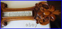 Rare Pollock Antique Victorian Ornate Carved Oak Aneroid Barometer & Thermometer