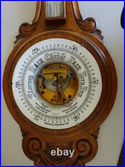 Rare Pollock Antique Victorian Ornate Carved Oak Aneroid Barometer & Thermometer