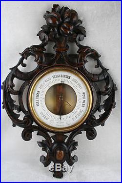 Rare Unusual Black forest style Wood carved Dragon birds Barometer fruits