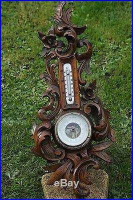 SUPERB 19thC BLACK FOREST WOODEN WALNUT CARVING WITH FRENCH BAROMETER c1890s