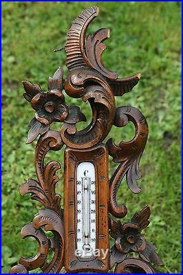 SUPERB 19thC BLACK FOREST WOODEN WALNUT CARVING WITH FRENCH BAROMETER c1890s