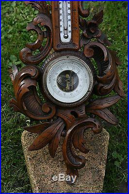 SUPERB 19thC BLACK FOREST WOODEN WALNUT CARVING WITH FRENCH BAROMETER c1890s