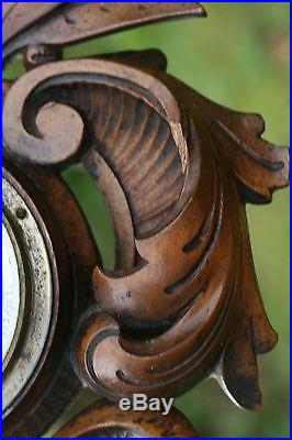 SUPERB 19thC BLACK FOREST WOODEN WALNUT CARVING WITH FRENCH BAROMETER c1890s