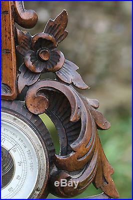 SUPERB 19thC BLACK FOREST WOODEN WALNUT CARVING WITH FRENCH BAROMETER c1890s