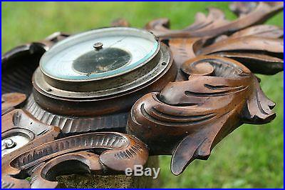 SUPERB 19thC BLACK FOREST WOODEN WALNUT CARVING WITH FRENCH BAROMETER c1890s