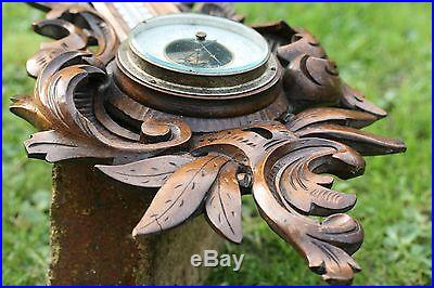 SUPERB 19thC BLACK FOREST WOODEN WALNUT CARVING WITH FRENCH BAROMETER c1890s