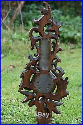 SUPERB 19thC BLACK FOREST WOODEN WALNUT CARVING WITH FRENCH BAROMETER c1890s