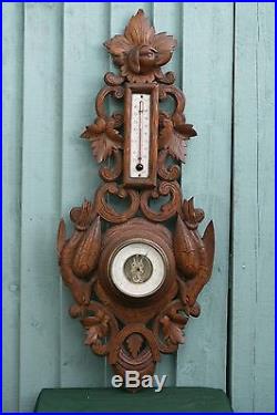 SUPERB 19thC WOODEN OAK ANEROID BAROMETER WITH HUNTING RELIEF CARVINGS c1890s