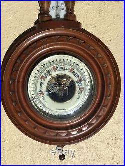SUPERB Antq VICTORIAN CARVED MAHOGANY WALL BAROMETER THERMOMETER BEVELED GLASS