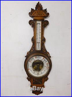 Scarce! Antique 19c Carved Oak Wall Barometer Thermometer Porcelain Faces 1890s