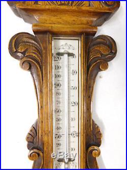 Scarce! Antique 19c Carved Oak Wall Barometer Thermometer Porcelain Faces 1890s