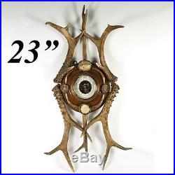 Superb 19th C. Antler Framed Barometer, Carved Stag Antler Dog, Hound, 23