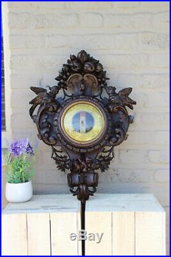Top antique BLACK FOREST wood carved Wall barometer with birds rare