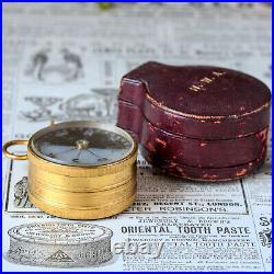 UNUSUAL ANTIQUE VICTORIAN GILT BRASS DUAL POCKET COMPASS BAROMETER c1870