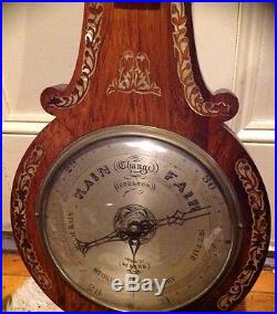 Unique Ornate Antique Mother Of Pearl Mop Inlay Mahogany Banjo Wheel Barometer
