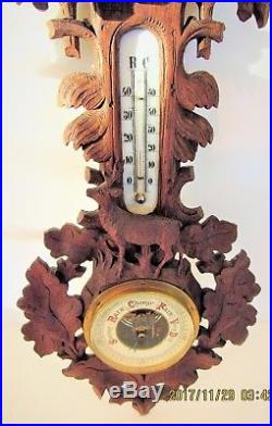 Unusual Antique Black Forest Barometer/Therm w Full Figure Stag Cuckoo Top 19.5