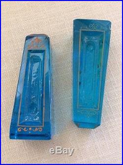 Unusual Handpainted Chinoserie Antique Peacock Blue Glass Thermometer Pair