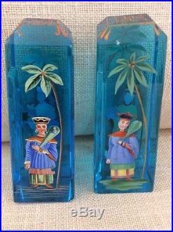 Unusual Handpainted Chinoserie Antique Peacock Blue Glass Thermometer Pair