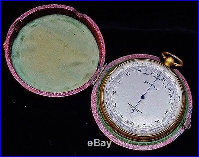 VERY FINE c1885 SHORT & MASON LONDON GILT BRASS POCKET BAROMETER IN ORIG CASE